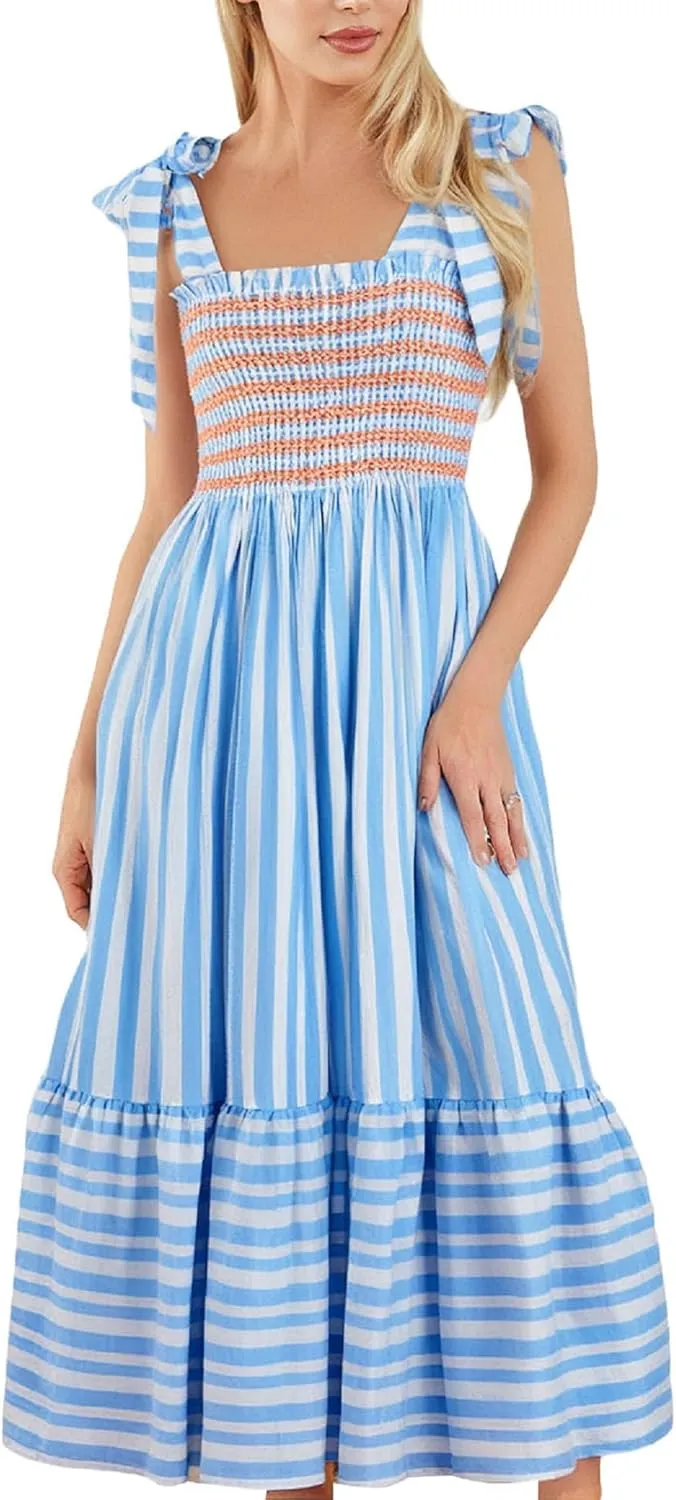 Women Boho Floral Tie Shoulder Maxi Dress Y2k Sleeveless Smocked Long Dress Square Neck Flowy Tiered Sundress Beach