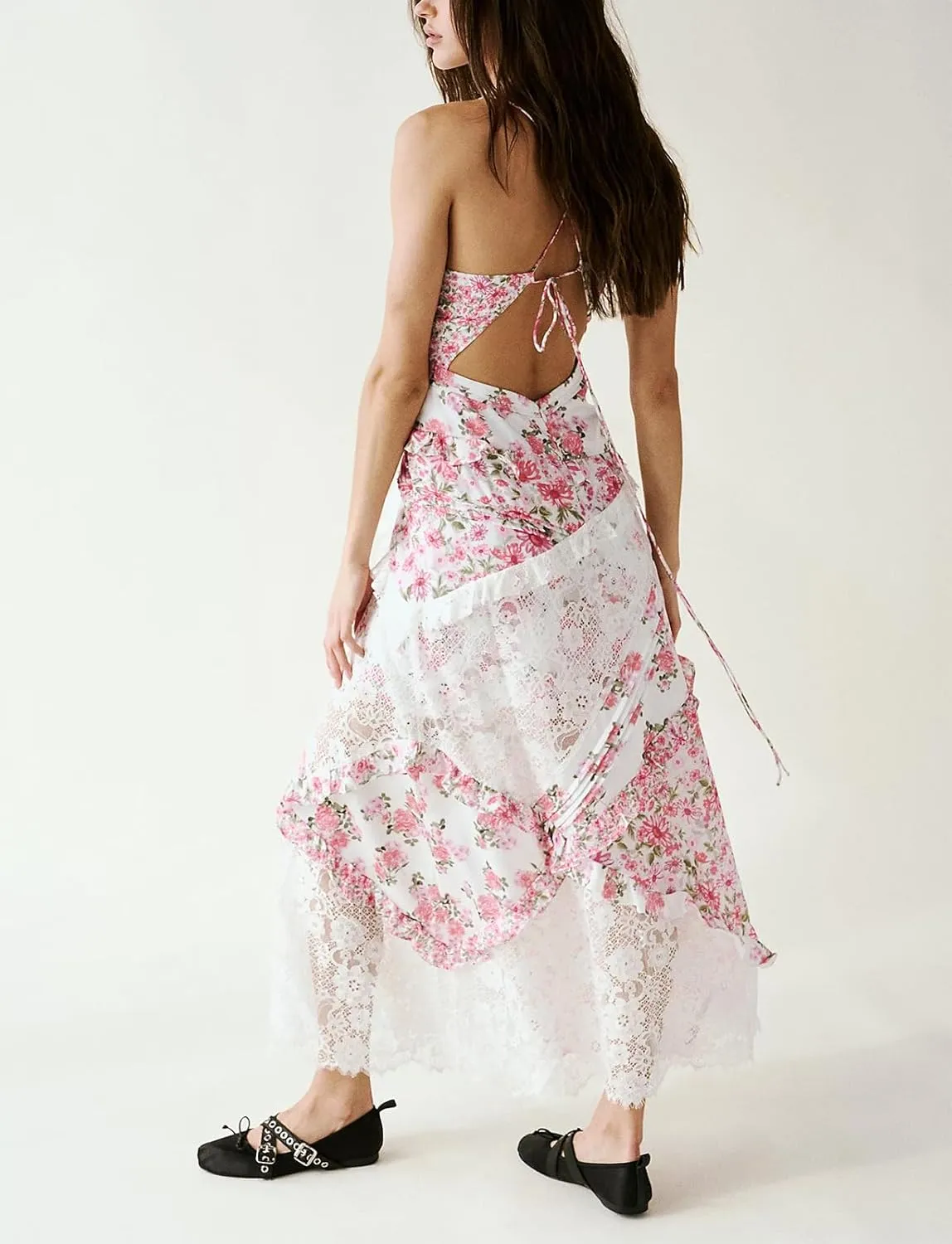 Women Boho Patchwork Maxi Dress Y2k Sleeveless Spaghetti Strap Backless Long Dress Floral Beach Vacation Sundress