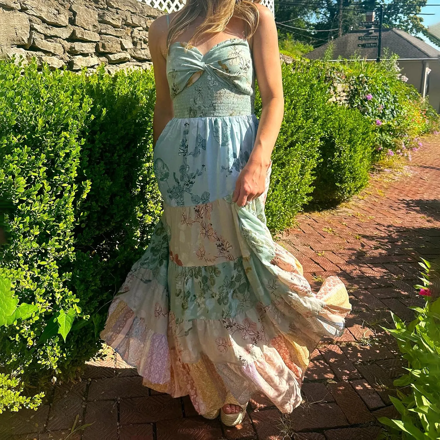 Women Boho Patchwork Maxi Dress Y2k Sleeveless Spaghetti Strap Backless Long Dress Floral Beach Vacation Sundress