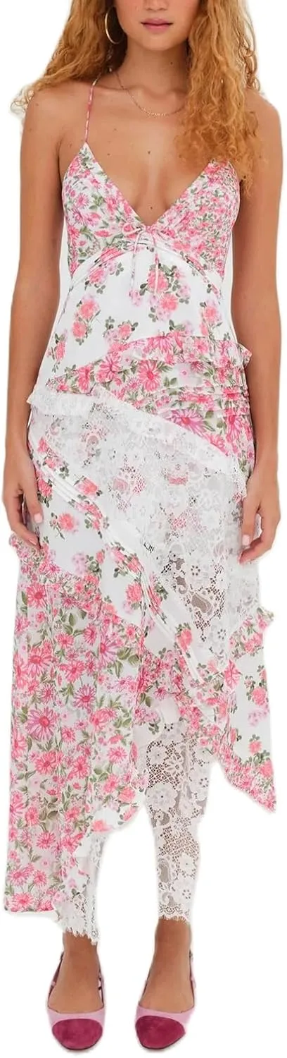 Women Boho Patchwork Maxi Dress Y2k Sleeveless Spaghetti Strap Backless Long Dress Floral Beach Vacation Sundress