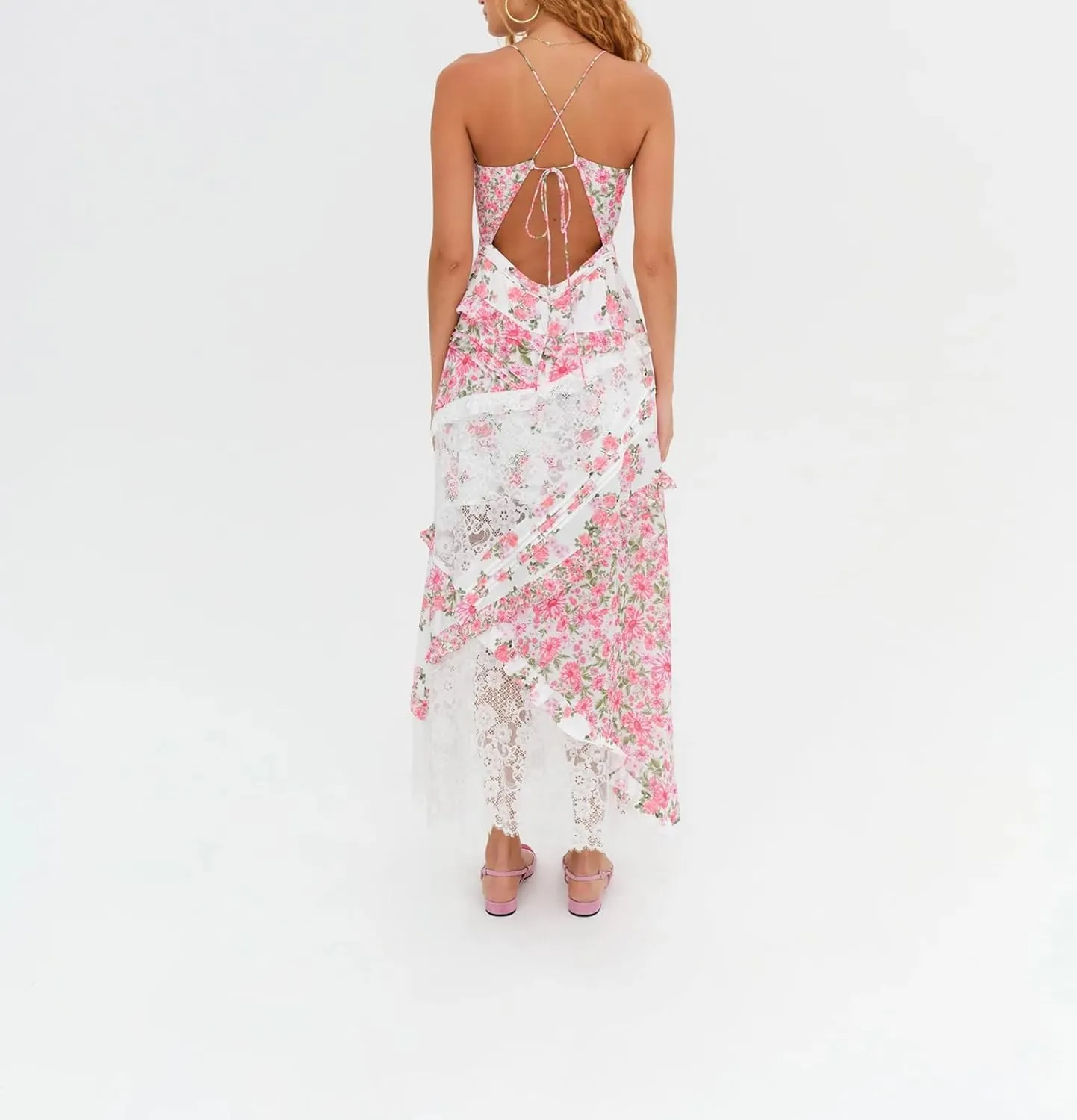 Women Boho Patchwork Maxi Dress Y2k Sleeveless Spaghetti Strap Backless Long Dress Floral Beach Vacation Sundress