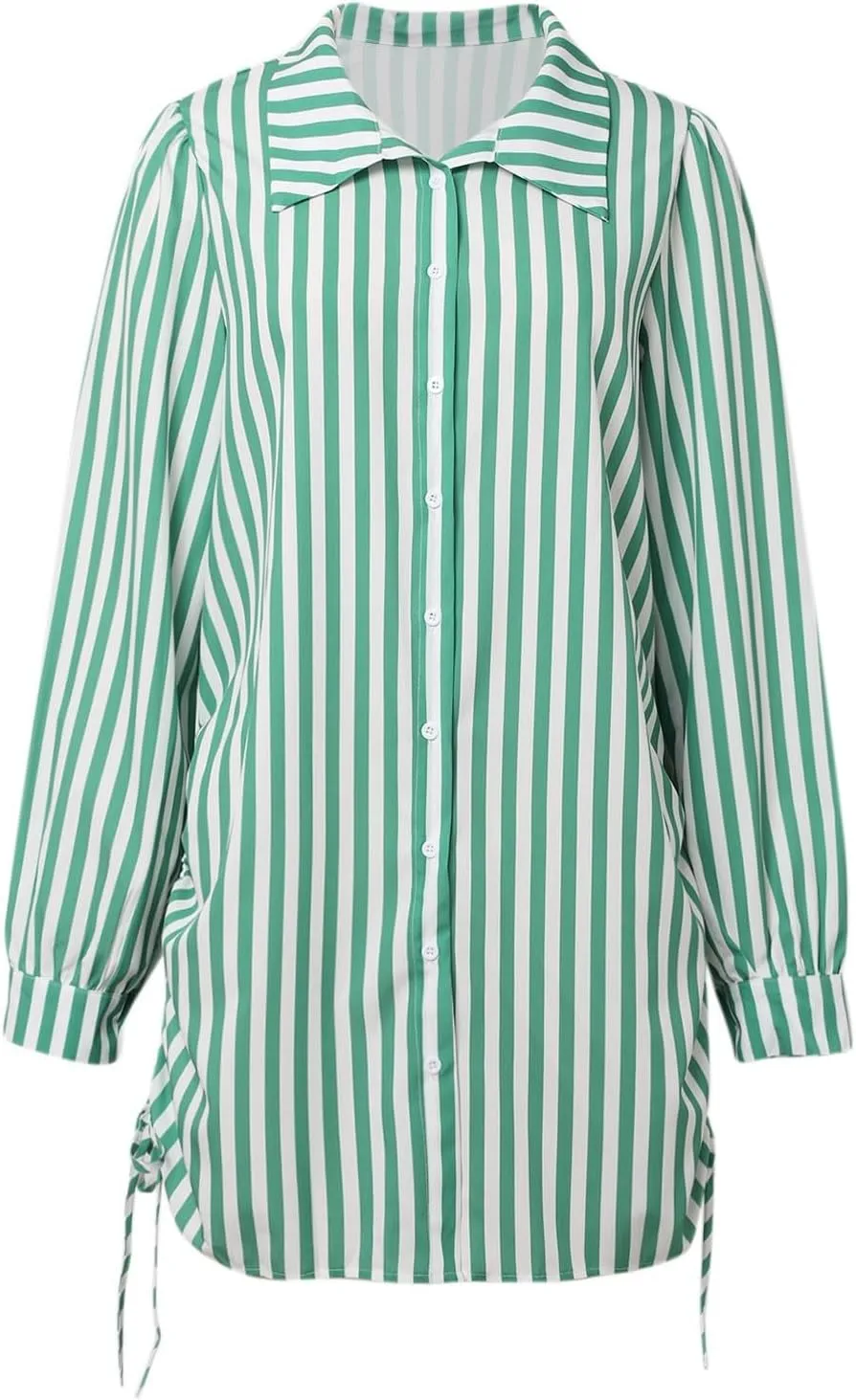Women Casual Stripe Dress Half Sleeve Turtleneck Button Dress Mini Dress Sweatshirt Casual Loose Dress Ruffle