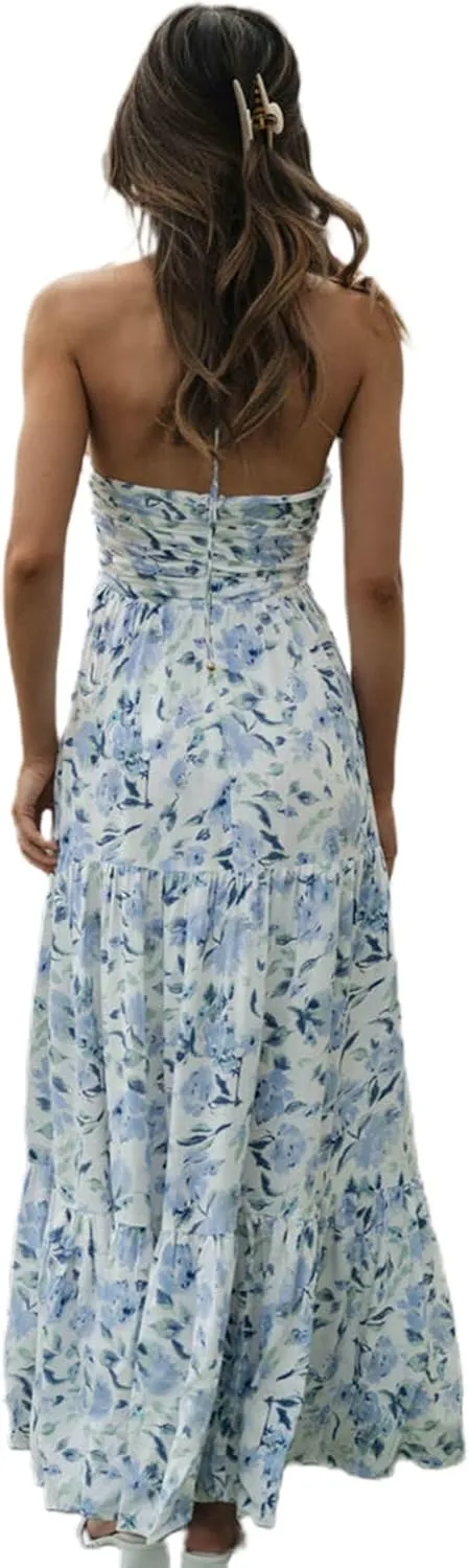 Women Floral Halter Neck Maxi Dress Summer Tie-Up Sleeveless Backless Long Dress Flowy Ruffle Sundress