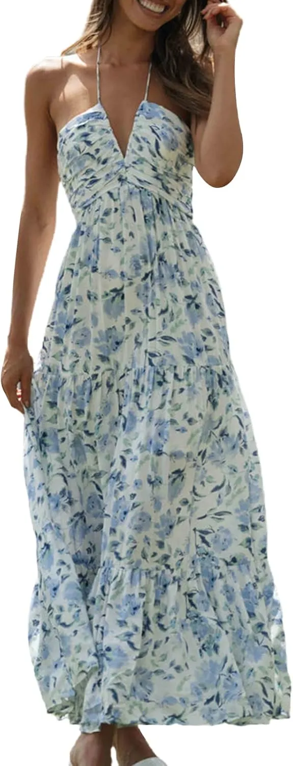 Women Floral Halter Neck Maxi Dress Summer Tie-Up Sleeveless Backless Long Dress Flowy Ruffle Sundress