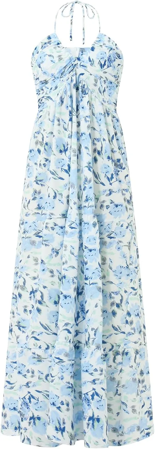 Women Floral Halter Neck Maxi Dress Summer Tie-Up Sleeveless Backless Long Dress Flowy Ruffle Sundress