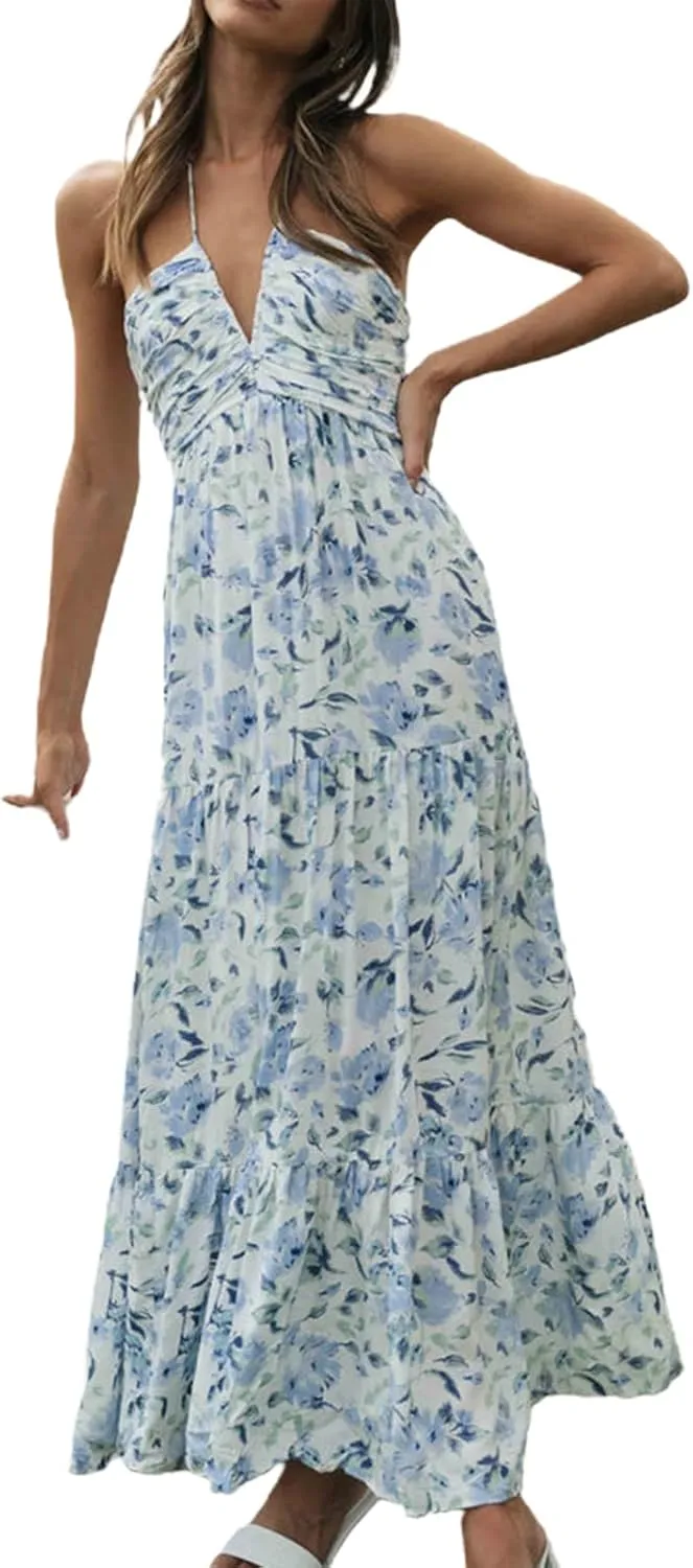 Women Floral Halter Neck Maxi Dress Summer Tie-Up Sleeveless Backless Long Dress Flowy Ruffle Sundress