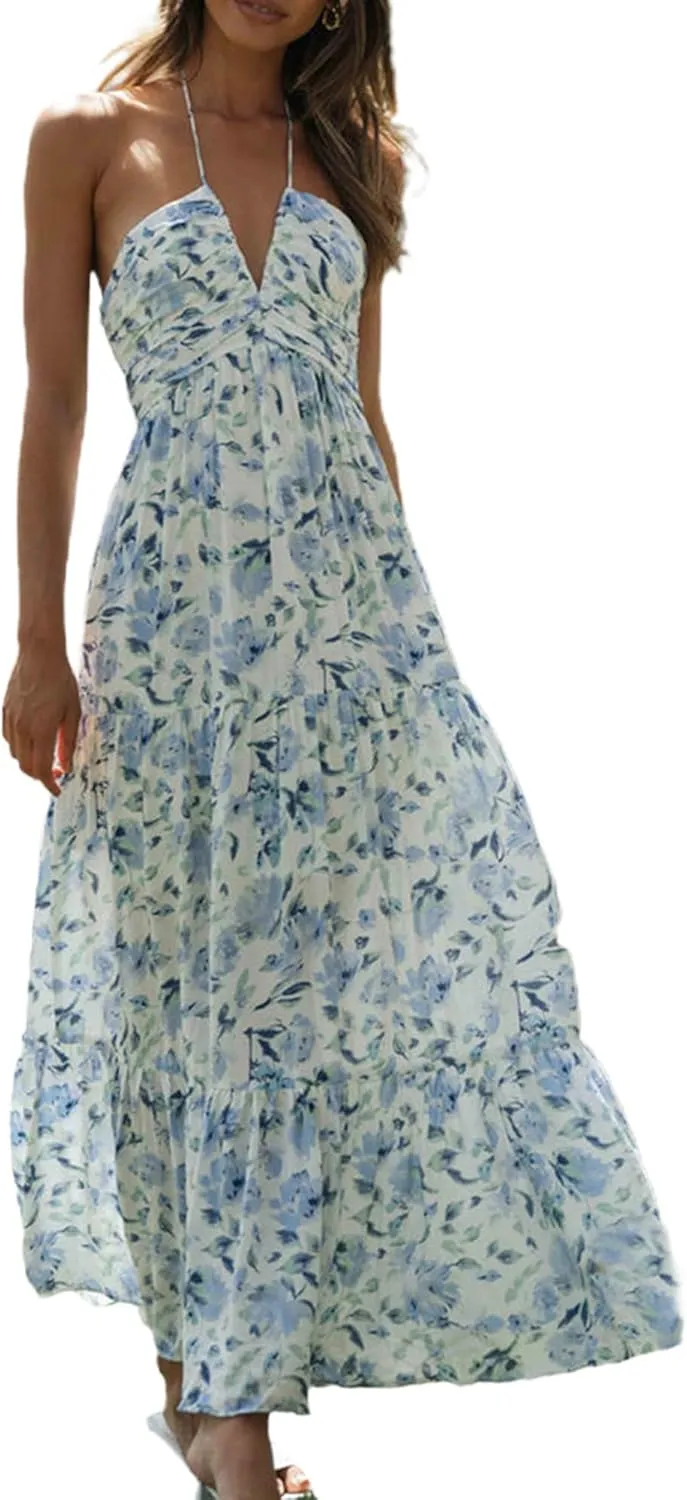 Women Floral Halter Neck Maxi Dress Summer Tie-Up Sleeveless Backless Long Dress Flowy Ruffle Sundress