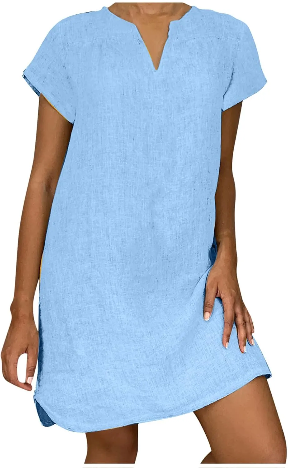 Women Linen Shirt Dresses Summer Bohemian Style Beach Sundress Fashion Solid Color Short Sleeves V-Neck Midi Dress