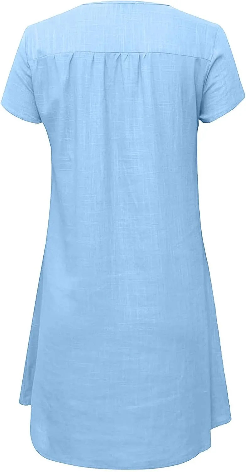 Women Linen Shirt Dresses Summer Bohemian Style Beach Sundress Fashion Solid Color Short Sleeves V-Neck Midi Dress