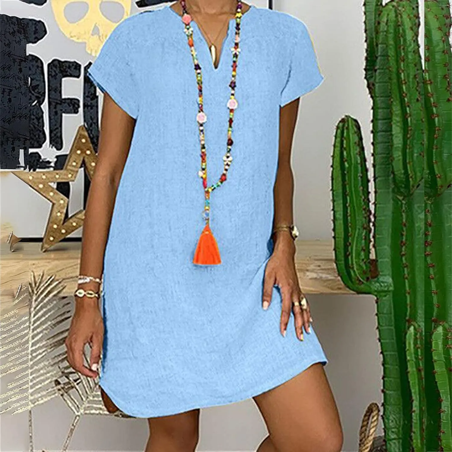 Women Linen Shirt Dresses Summer Bohemian Style Beach Sundress Fashion Solid Color Short Sleeves V-Neck Midi Dress