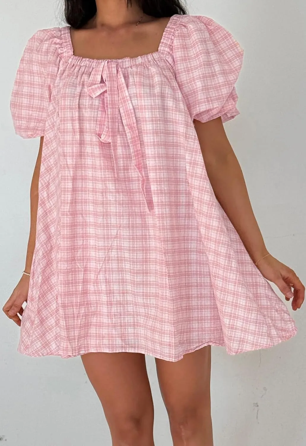 Women Puff Short Sleeve Mini Dress V-Neck Casual Flowy Babydoll Dresses A-Line Ruffle Beach Vacation Short Sundress