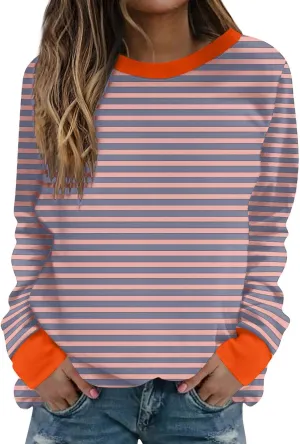 Women Striped Crewneck Sweatshirts Trendy 2024 Pullover Tops Long Sleeve Preppy Shirts Fall Fashion Clothing