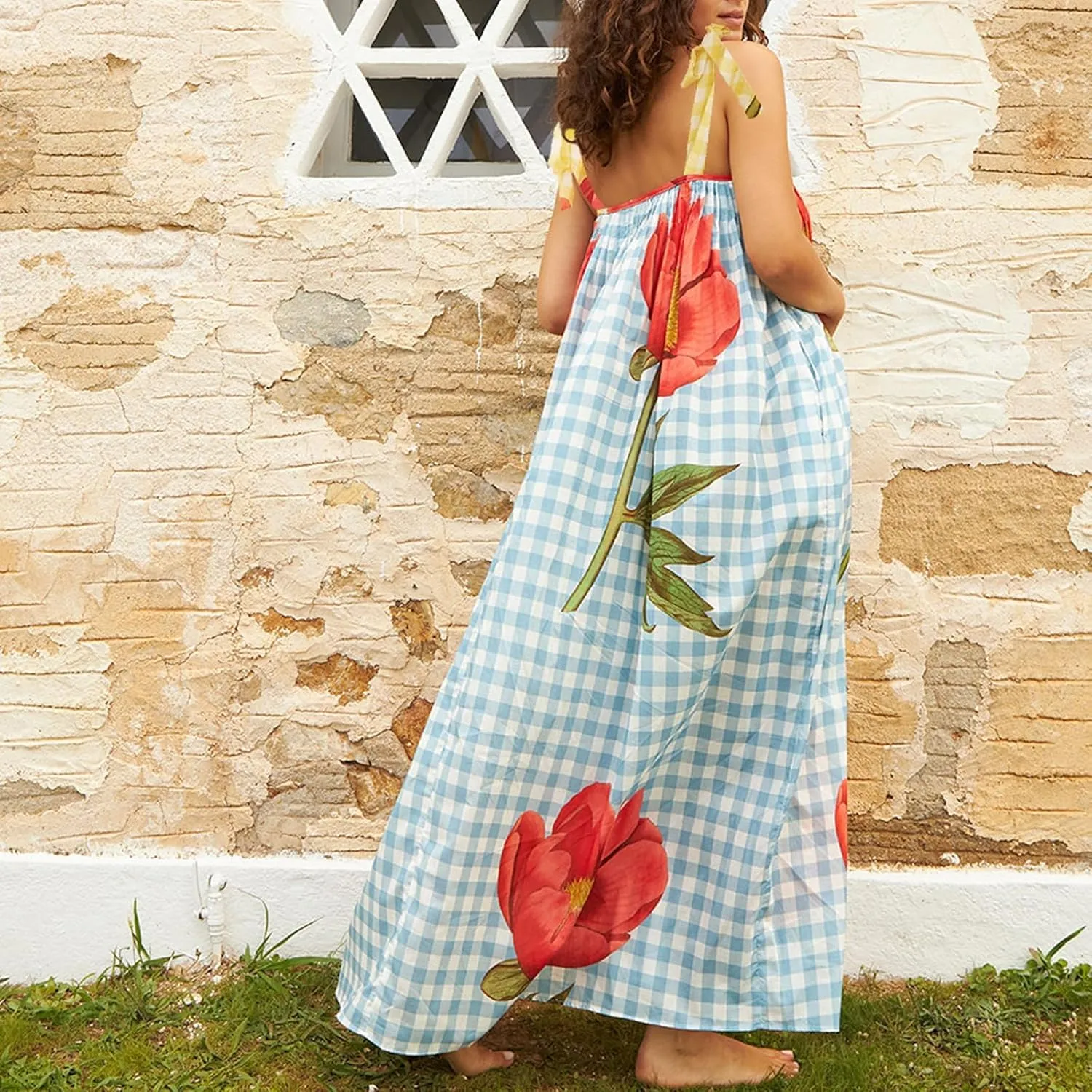 Women Summer Boho Tie Shoulder Dress Ruffle Vocation Sundress Y2k Floral Smocked Flowy Shoulder Tie Dress