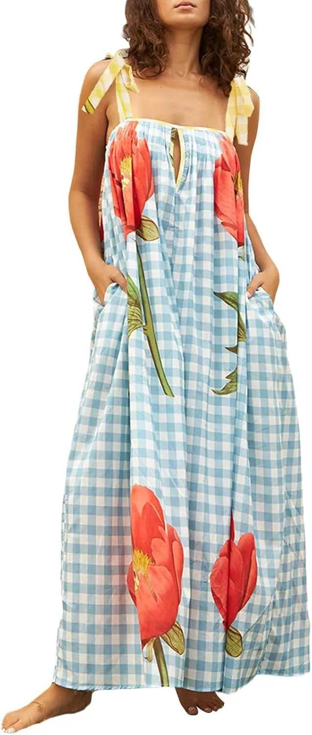 Women Summer Boho Tie Shoulder Dress Ruffle Vocation Sundress Y2k Floral Smocked Flowy Shoulder Tie Dress