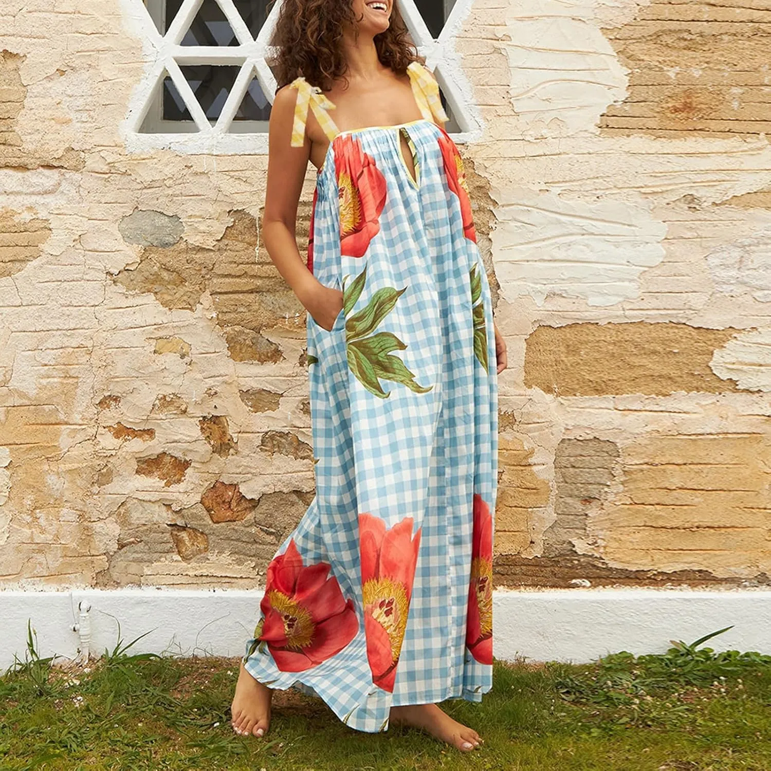 Women Summer Boho Tie Shoulder Dress Ruffle Vocation Sundress Y2k Floral Smocked Flowy Shoulder Tie Dress