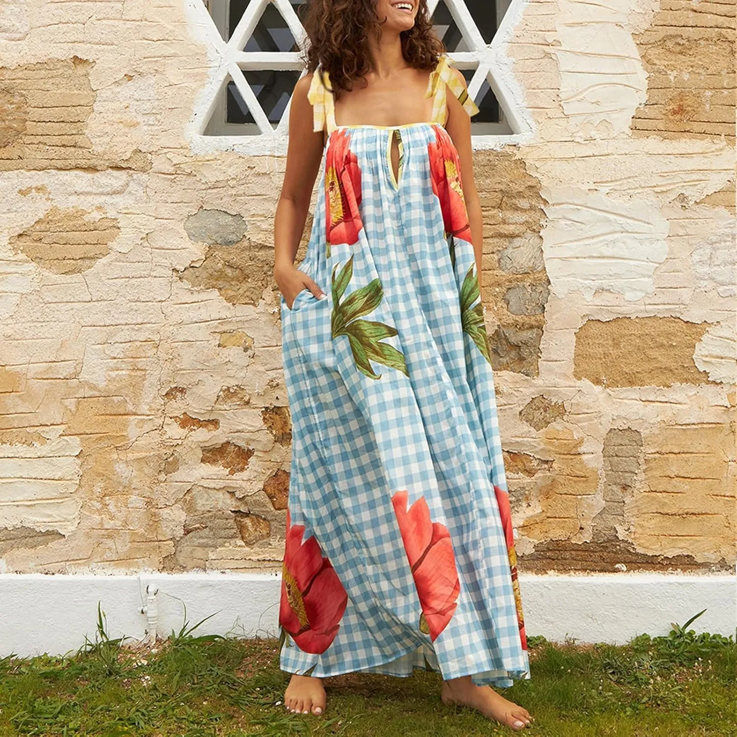 Women Summer Boho Tie Shoulder Dress Ruffle Vocation Sundress Y2k Floral Smocked Flowy Shoulder Tie Dress