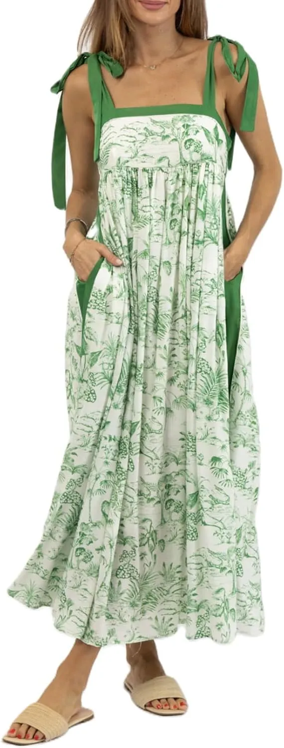 Women Summer Boho Tie Shoulder Dress Y2k Floral Smocked Flowy Shoulder Tie Dress Ruffle Vocation Sundress
