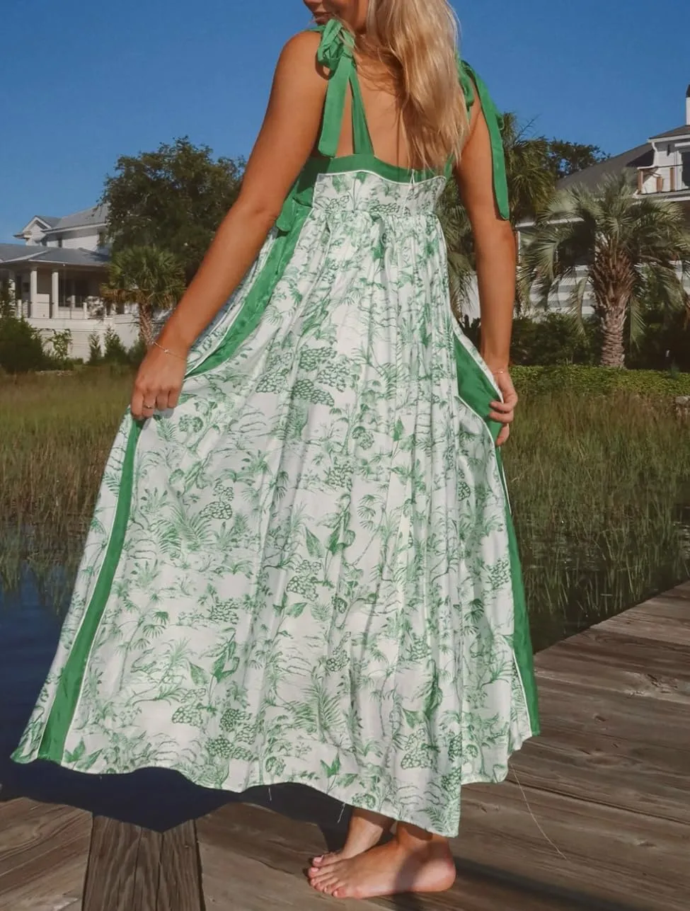 Women Summer Boho Tie Shoulder Dress Y2k Floral Smocked Flowy Shoulder Tie Dress Ruffle Vocation Sundress