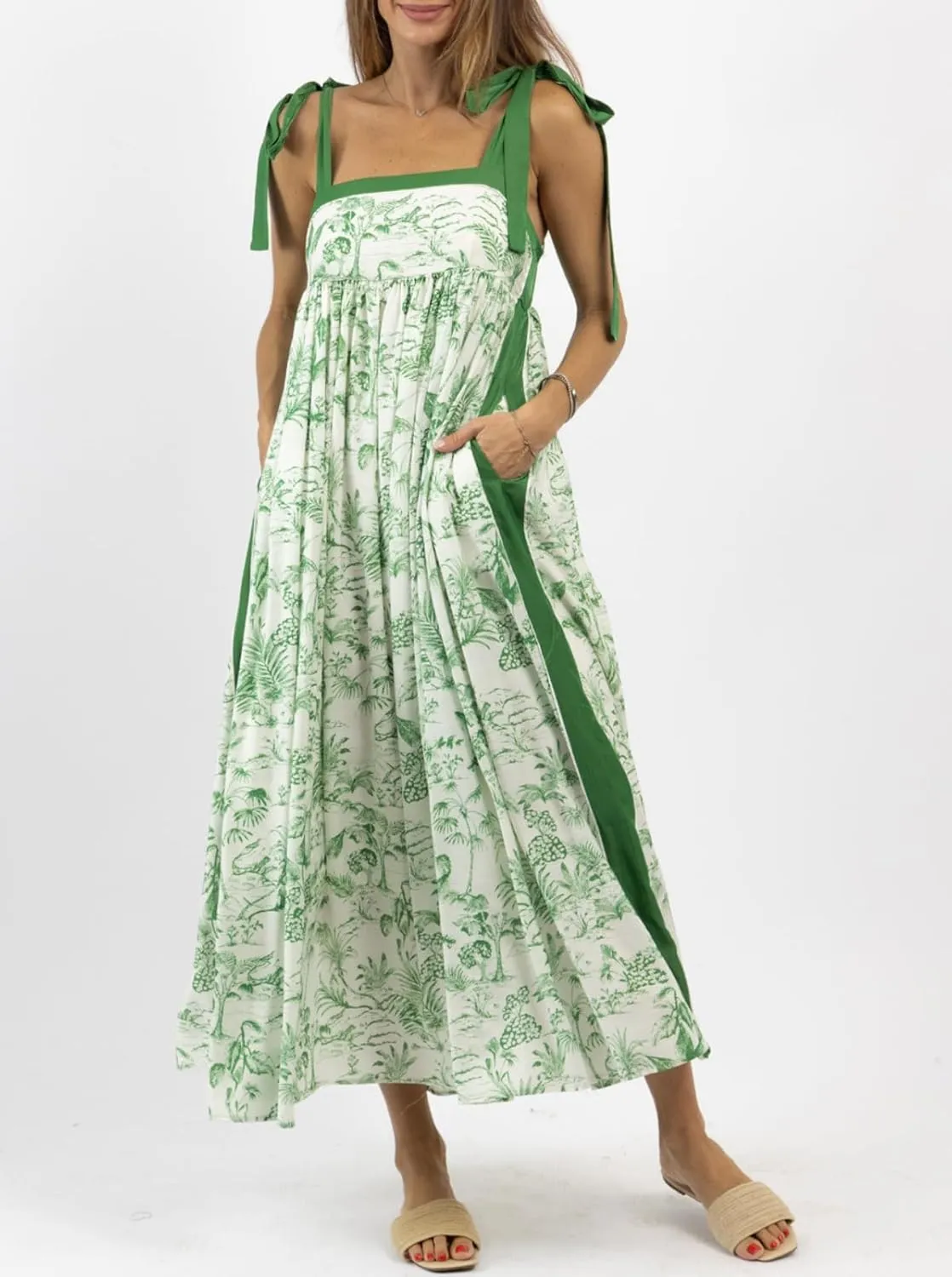 Women Summer Boho Tie Shoulder Dress Y2k Floral Smocked Flowy Shoulder Tie Dress Ruffle Vocation Sundress