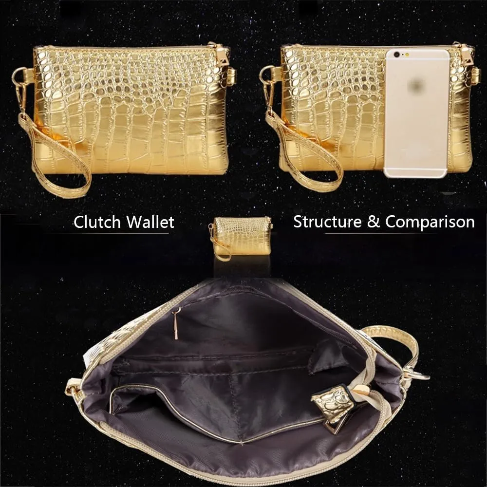 Women Tote Purses and Handbags 3pcs PU Crocodile Pattern Top-handle Satchel Clutch Wallet