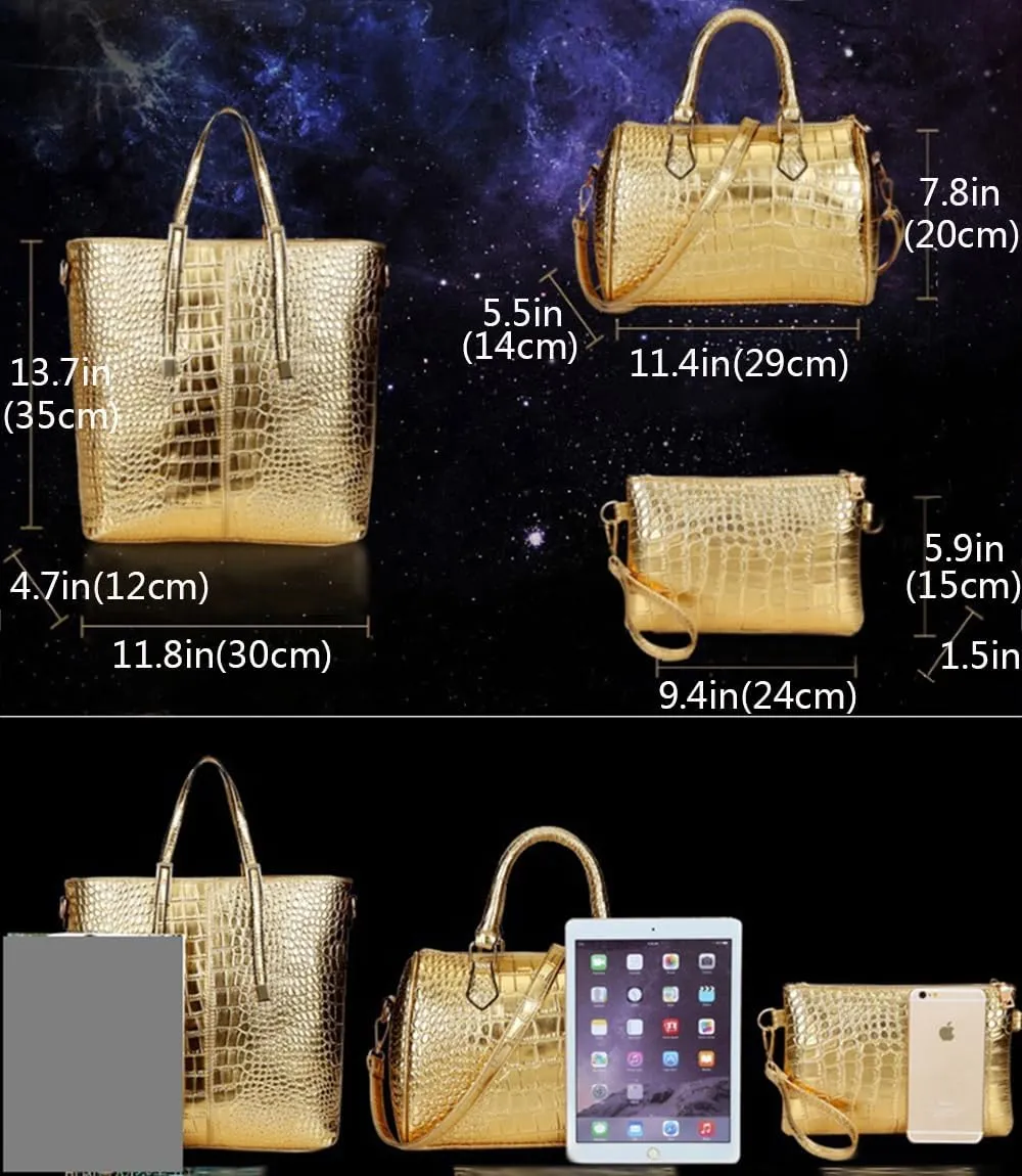 Women Tote Purses and Handbags 3pcs PU Crocodile Pattern Top-handle Satchel Clutch Wallet