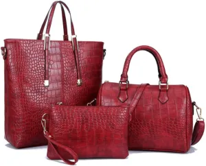 Women Tote Purses and Handbags 3pcs PU Crocodile Pattern Top-handle Satchel Clutch Wallet