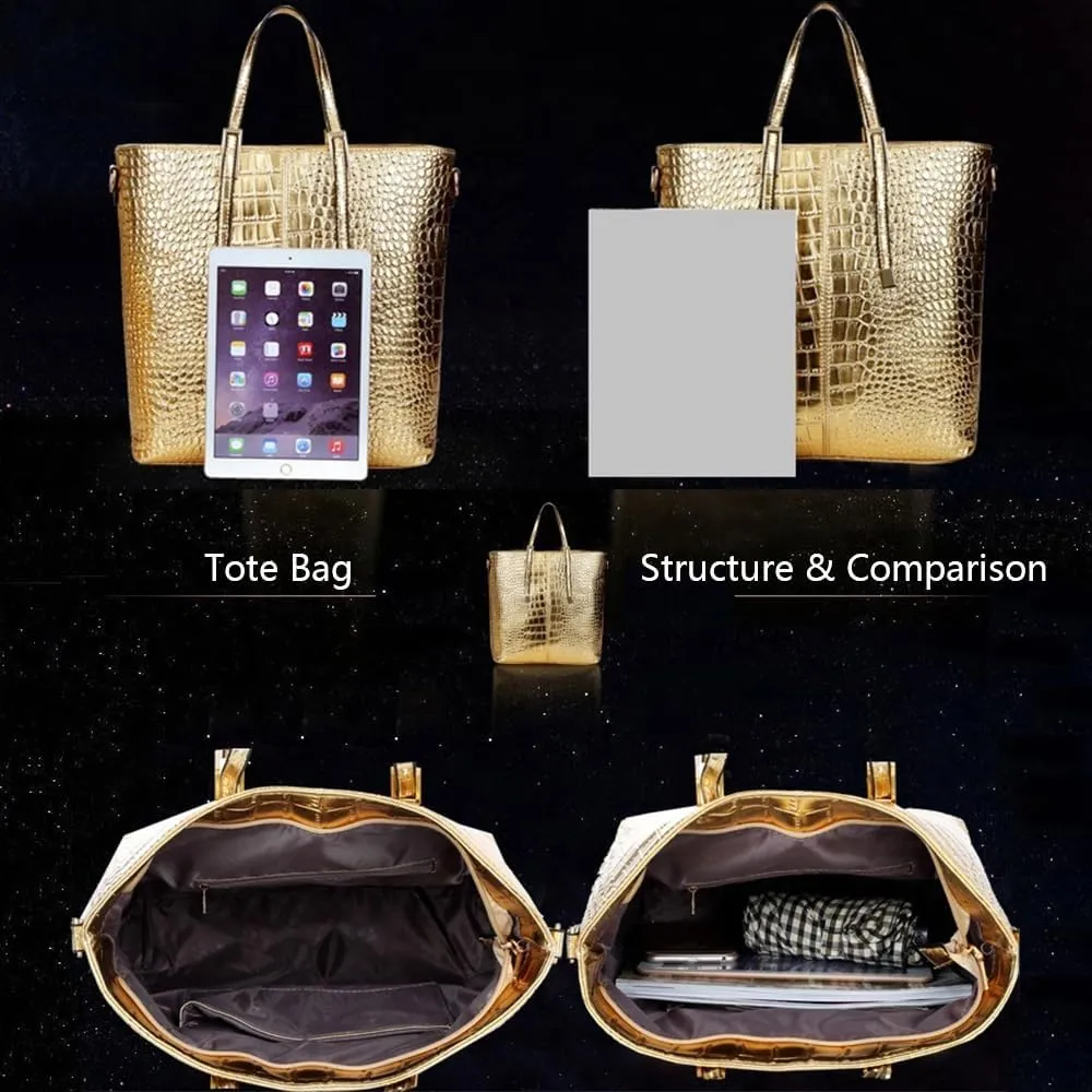 Women Tote Purses and Handbags 3pcs PU Crocodile Pattern Top-handle Satchel Clutch Wallet