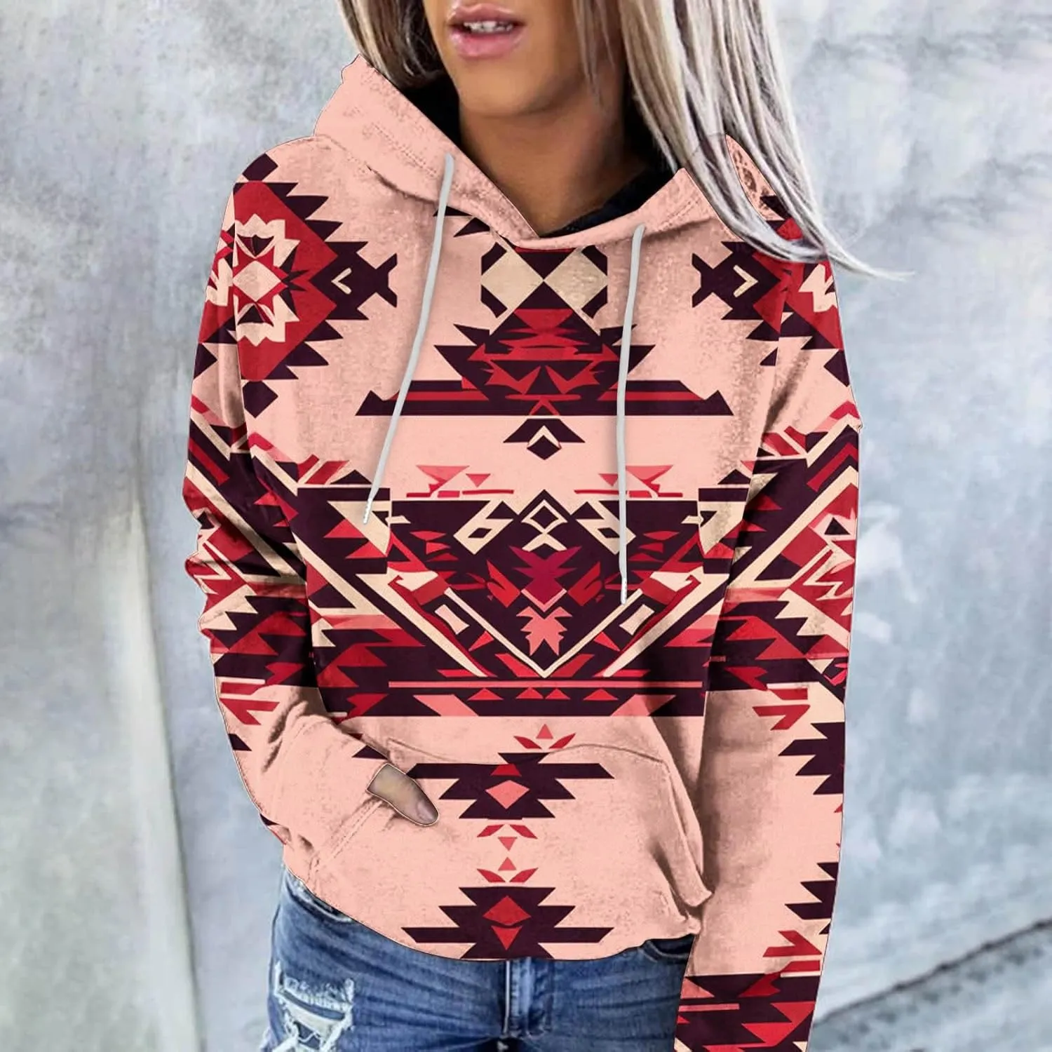 Women Western Ethic Hoodie Aztec Style Print Graphic Sweatshirts Pullover Hooded Pullover Tops Shirts Vintage Clothing