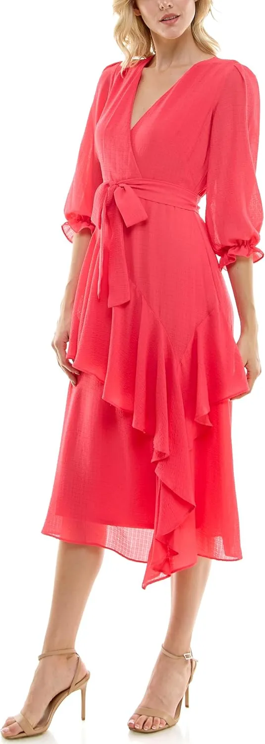 Women's 3/4 Sleeve Ruffle Front Faux Wrap Midi Dress