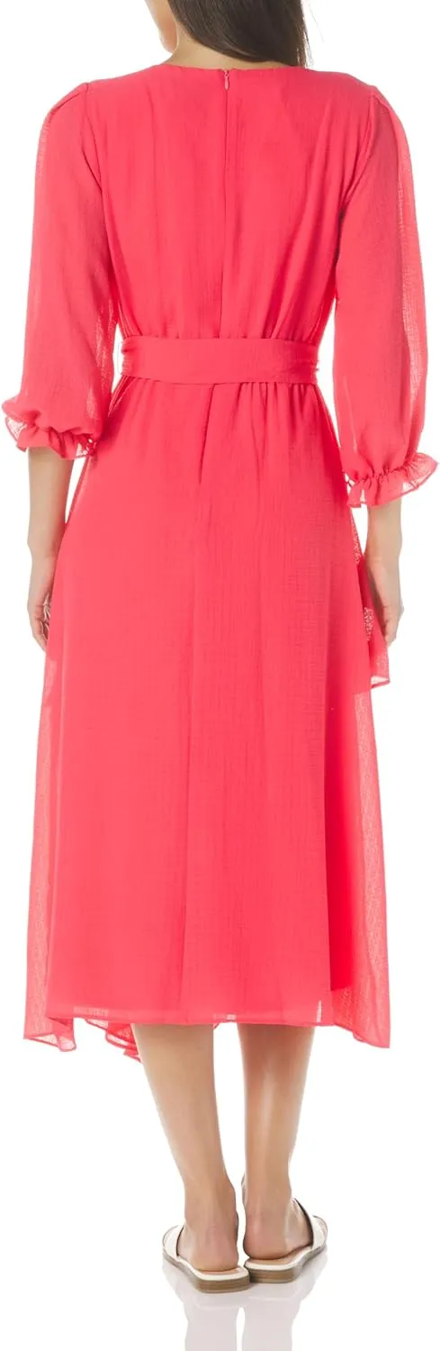 Women's 3/4 Sleeve Ruffle Front Faux Wrap Midi Dress