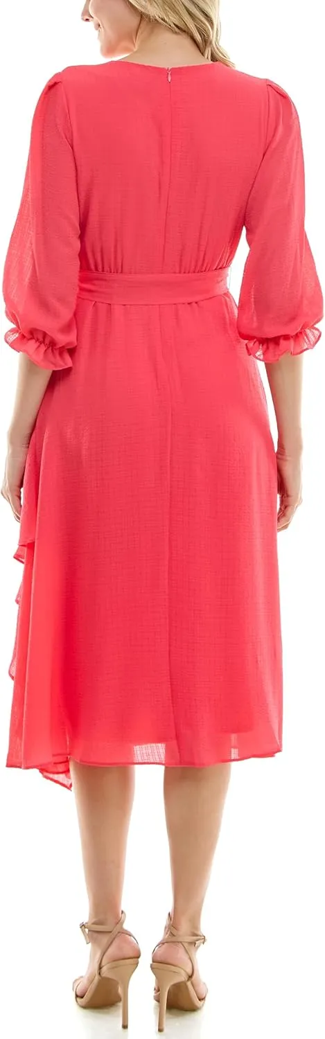 Women's 3/4 Sleeve Ruffle Front Faux Wrap Midi Dress