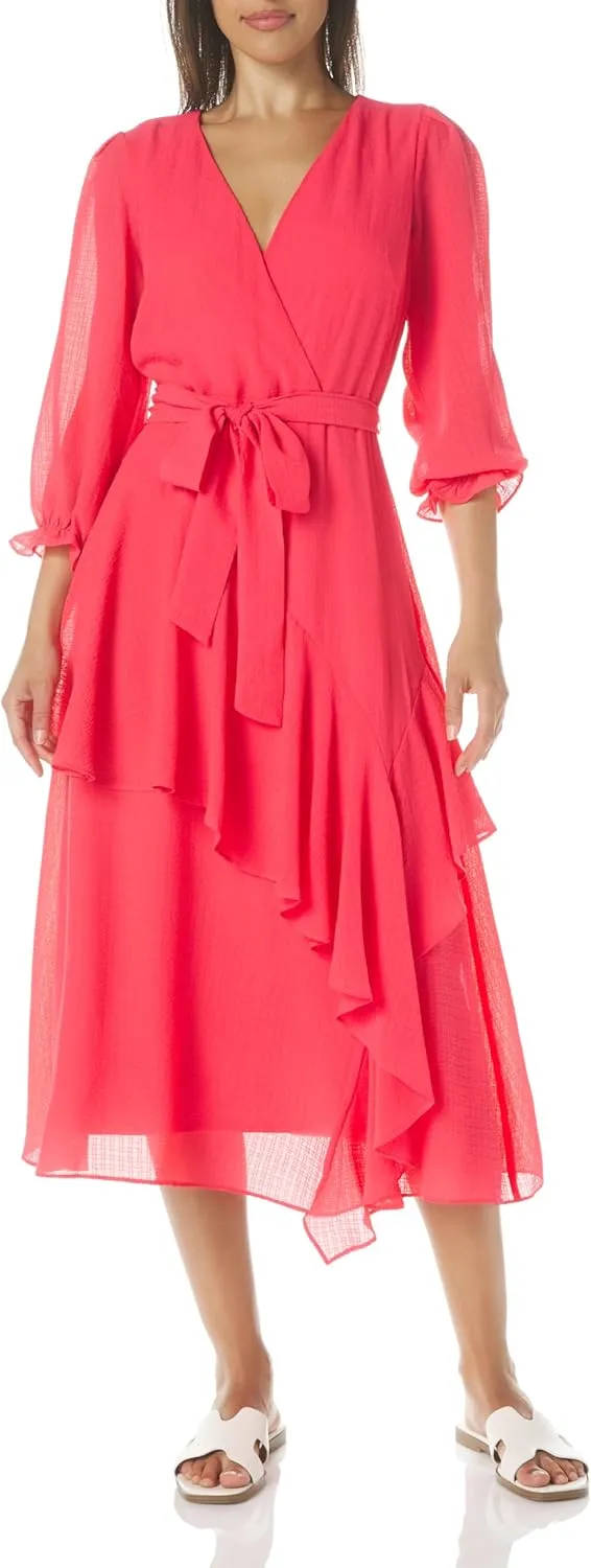 Women's 3/4 Sleeve Ruffle Front Faux Wrap Midi Dress