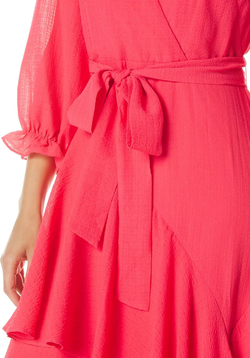 Women's 3/4 Sleeve Ruffle Front Faux Wrap Midi Dress