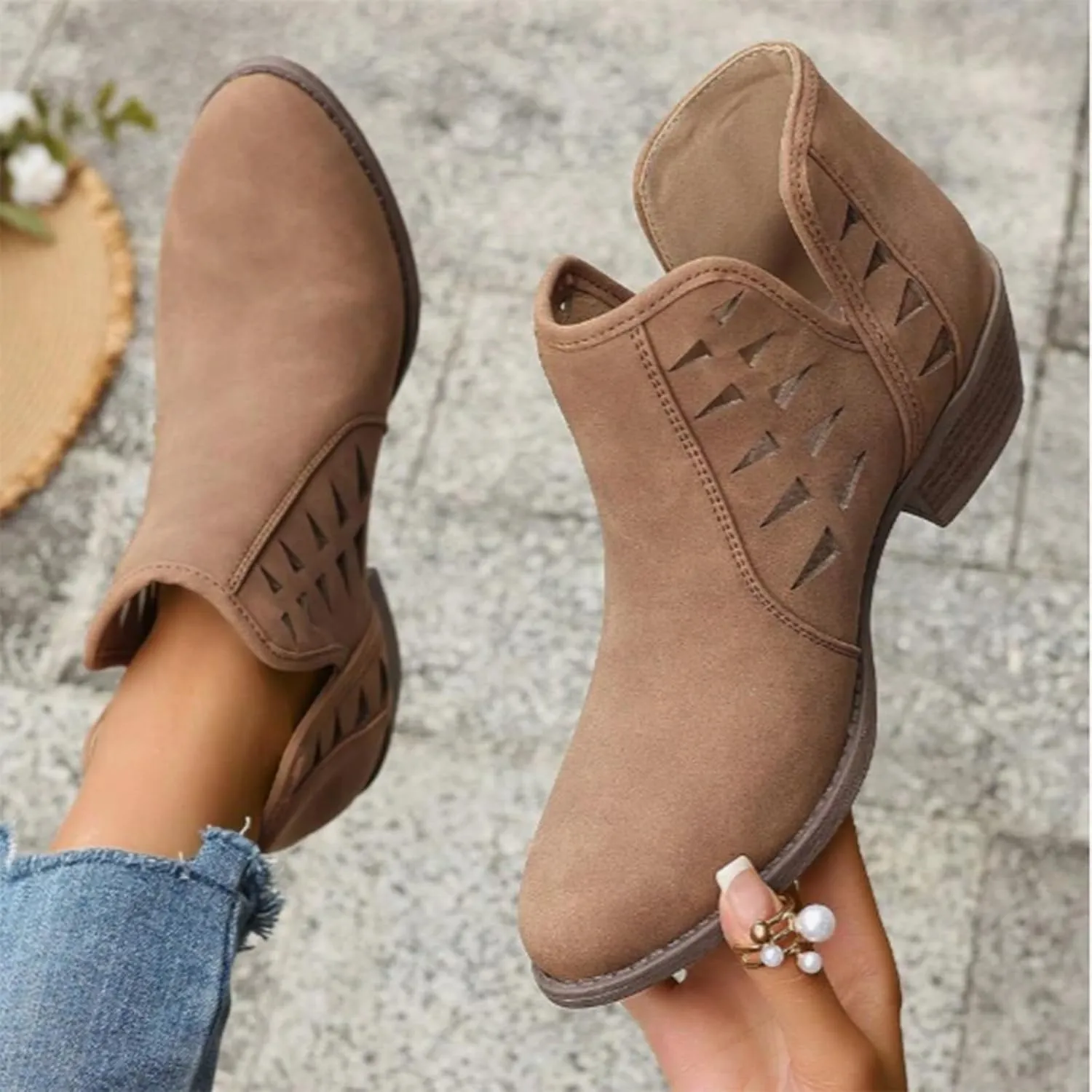 Women's Ankle Boots CasualComfortable Women Ankle Boots Women's Round Toe Suede Stacked Heel Western Ankle Bootie