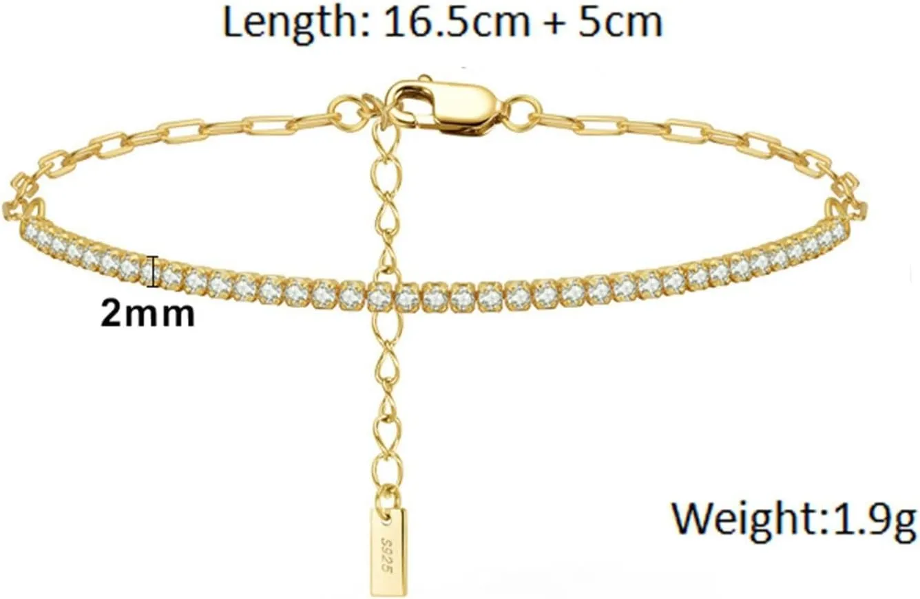 Women's Anklets Gold,Anklet Bracelets Chain with Cubic Zirconia Anklets 8.46 inches Sterling Silver Anklets for Women