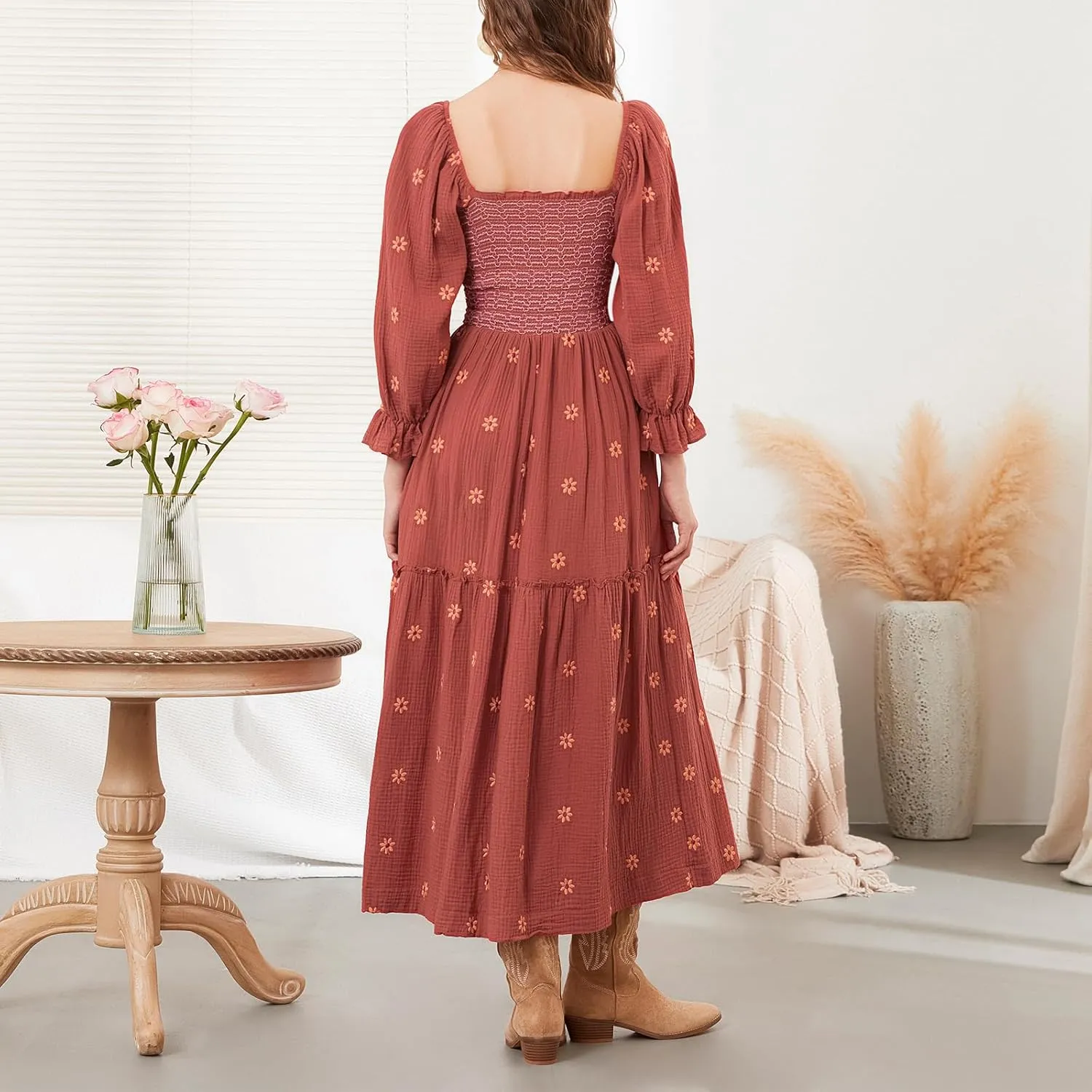 Women's Boho Floral Embroidered Maxi Dress Square Neck Smocked Long Puff Sleeve A Line Tiered Long Dress