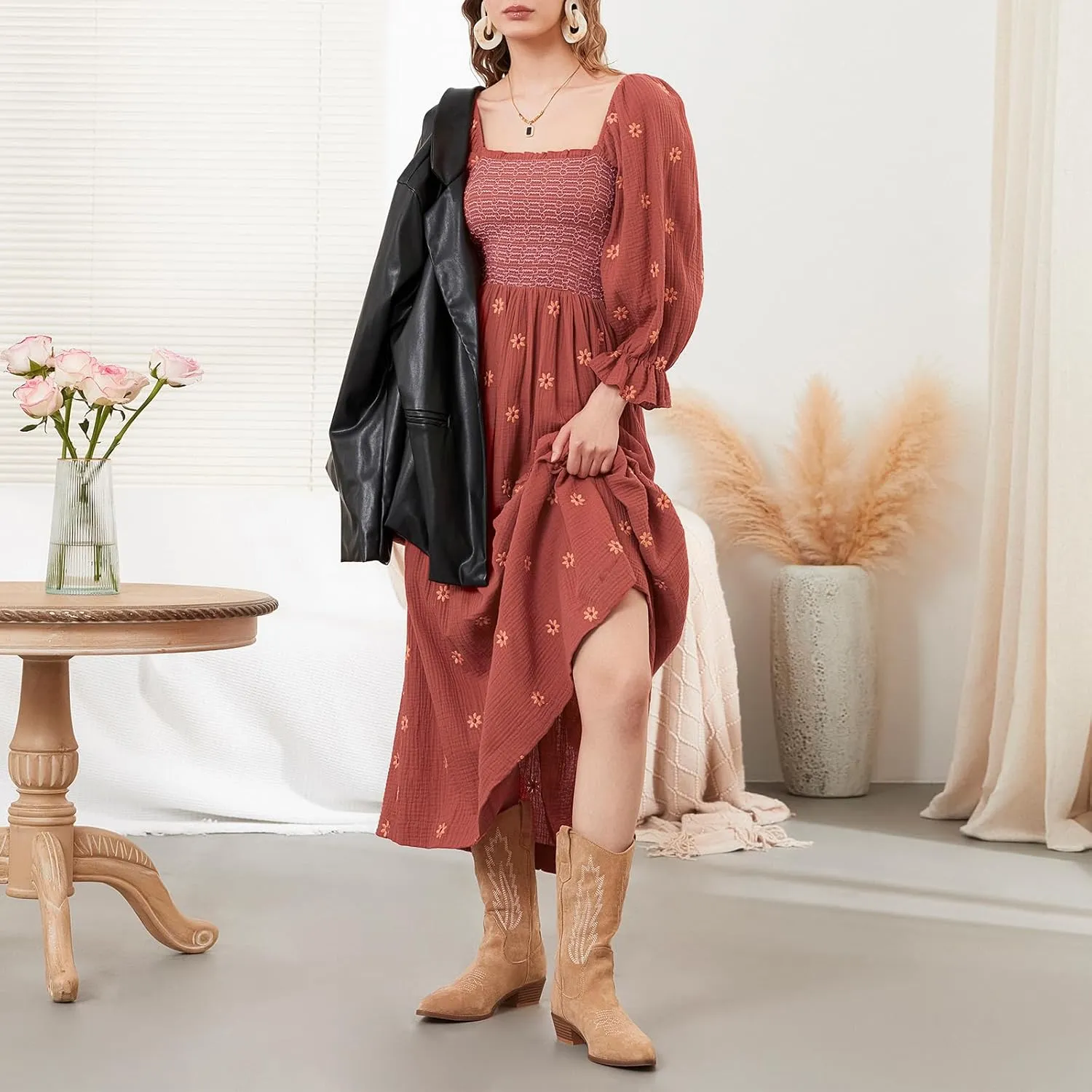 Women's Boho Floral Embroidered Maxi Dress Square Neck Smocked Long Puff Sleeve A Line Tiered Long Dress