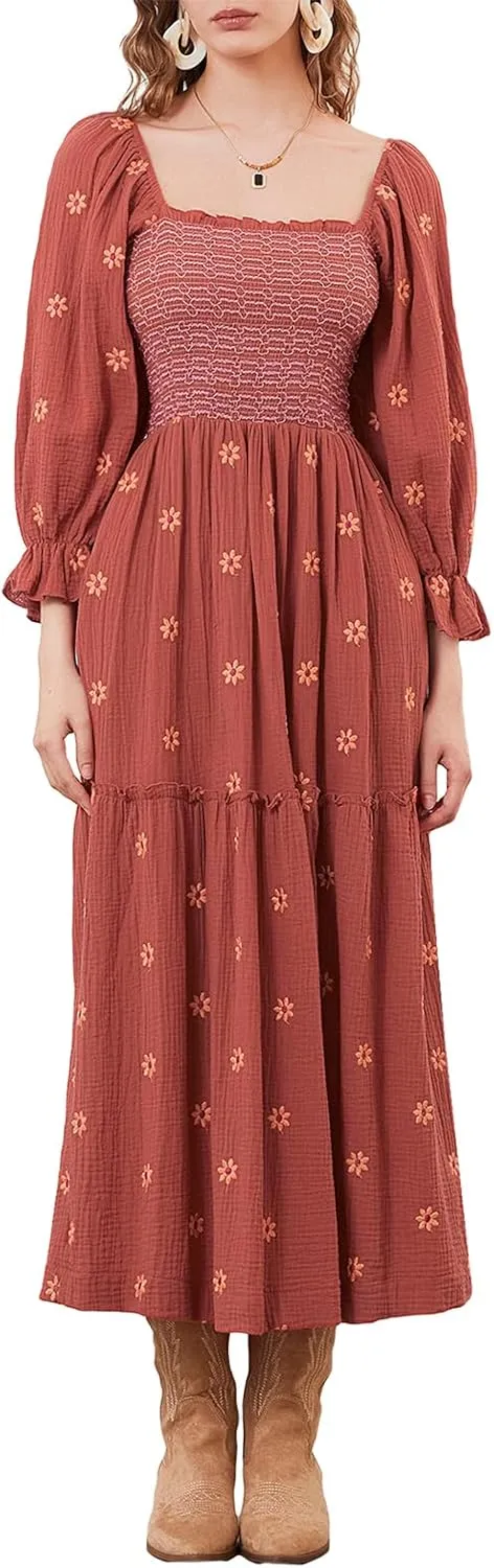Women's Boho Floral Embroidered Maxi Dress Square Neck Smocked Long Puff Sleeve A Line Tiered Long Dress