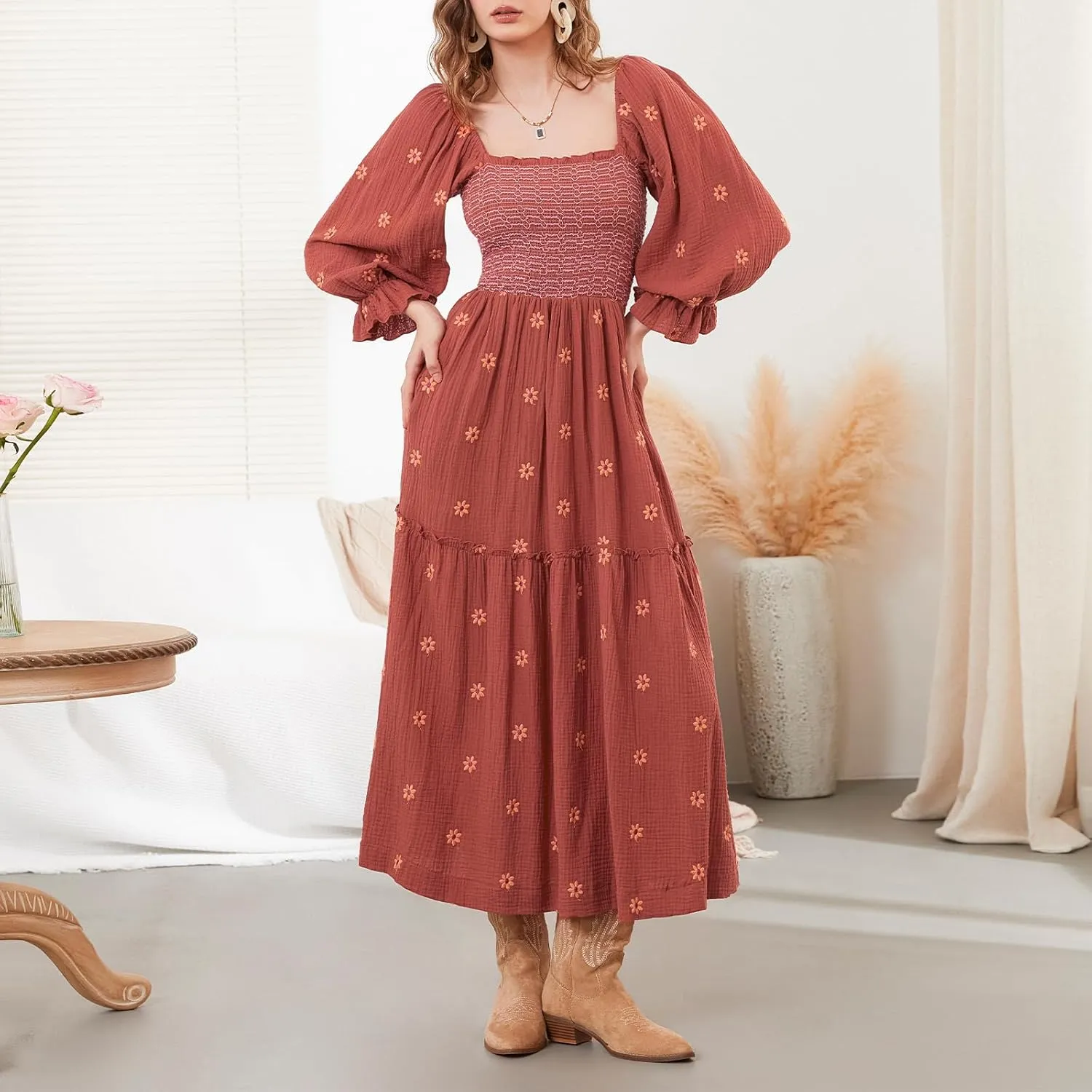 Women's Boho Floral Embroidered Maxi Dress Square Neck Smocked Long Puff Sleeve A Line Tiered Long Dress