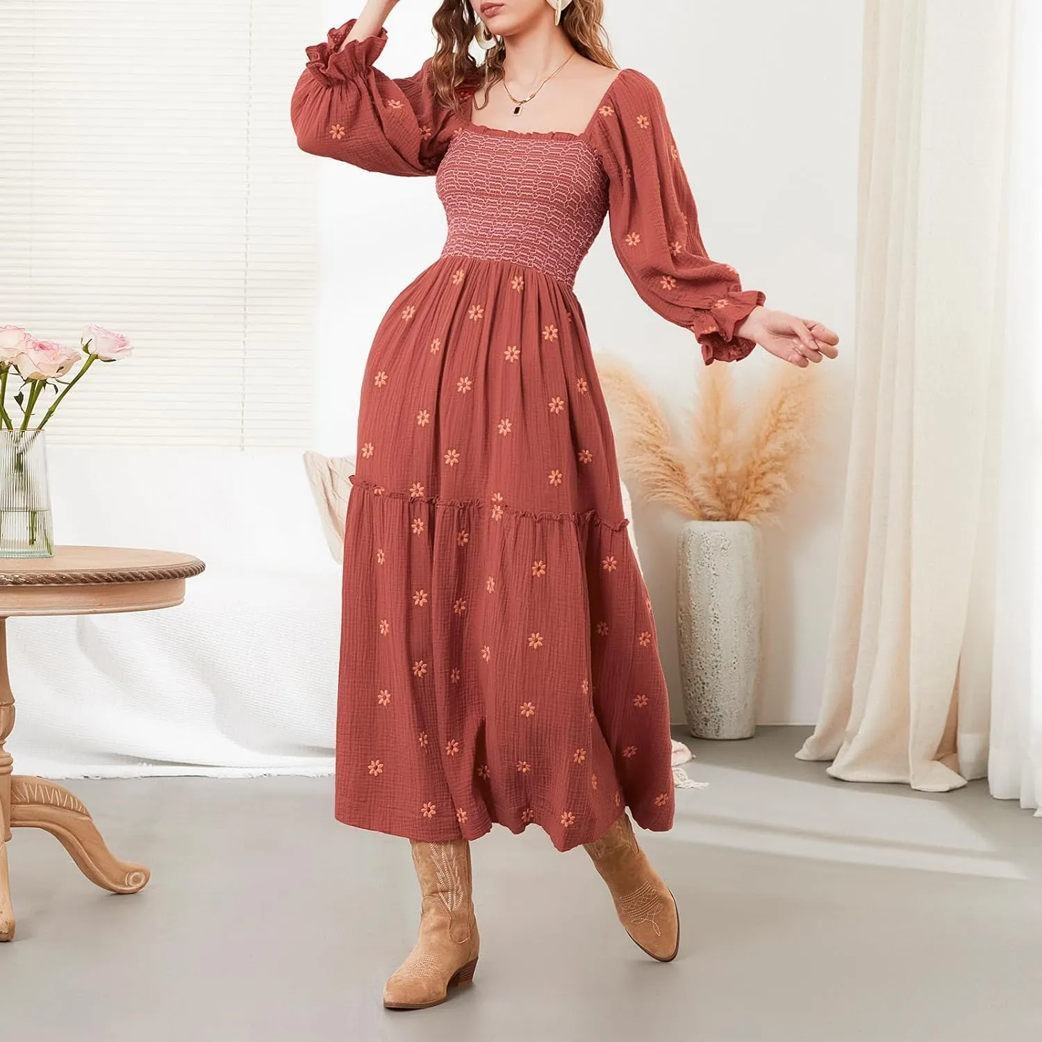 Women's Boho Floral Embroidered Maxi Dress Square Neck Smocked Long Puff Sleeve A Line Tiered Long Dress