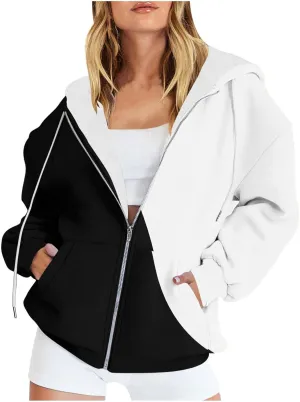 Womens Fall Jacket Casual Patchwork Color Open Front Hoodies Long Sleeve Zipper Winter Coats Outerwear with Pockets