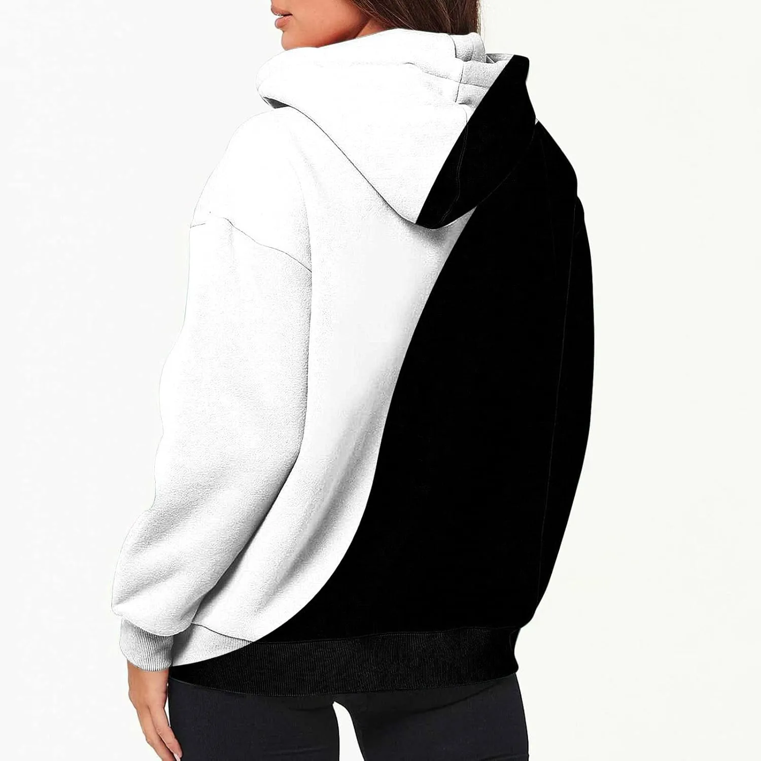 Womens Fall Jacket Casual Patchwork Color Open Front Hoodies Long Sleeve Zipper Winter Coats Outerwear with Pockets