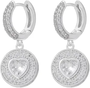 Women's Gold-Plated Huggie Hoop Earrings with Dangling Pave CZ Disc and Heart Stone Charm