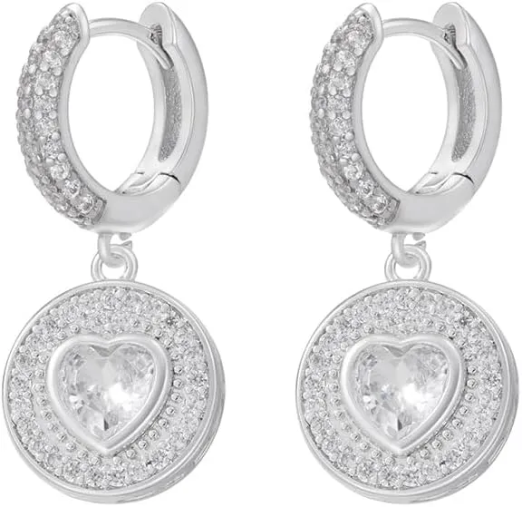 Women's Gold-Plated Huggie Hoop Earrings with Dangling Pave CZ Disc and Heart Stone Charm