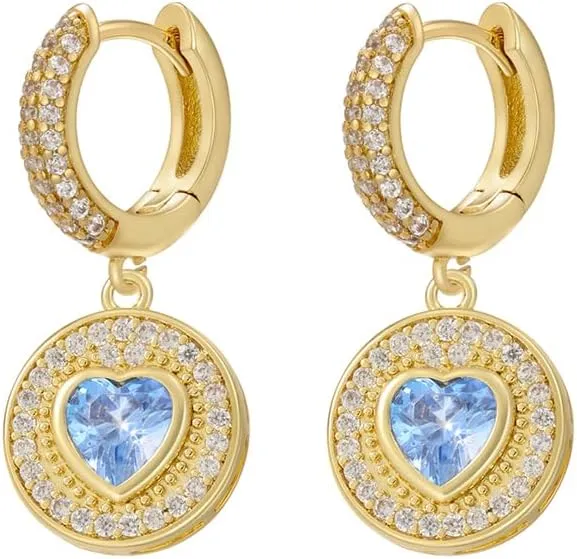 Women's Gold-Plated Huggie Hoop Earrings with Dangling Pave CZ Disc and Heart Stone Charm