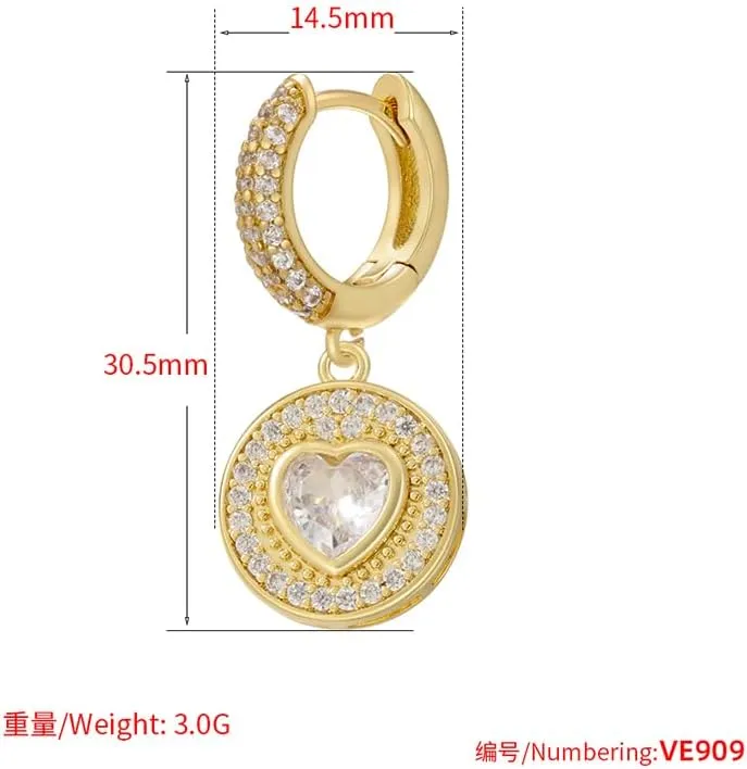 Women's Gold-Plated Huggie Hoop Earrings with Dangling Pave CZ Disc and Heart Stone Charm