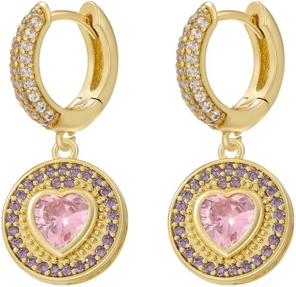 Women's Gold-Plated Huggie Hoop Earrings with Dangling Pave CZ Disc and Heart Stone Charm
