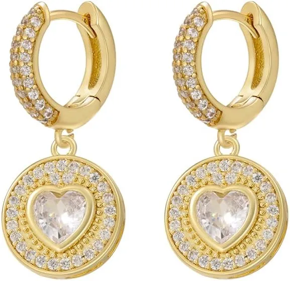 Women's Gold-Plated Huggie Hoop Earrings with Dangling Pave CZ Disc and Heart Stone Charm
