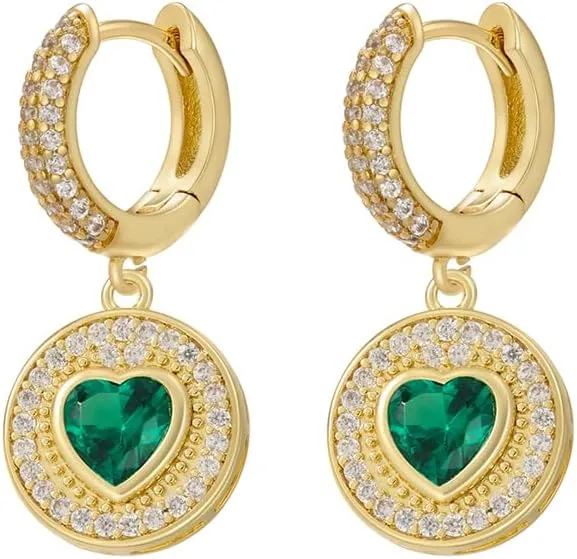 Women's Gold-Plated Huggie Hoop Earrings with Dangling Pave CZ Disc and Heart Stone Charm