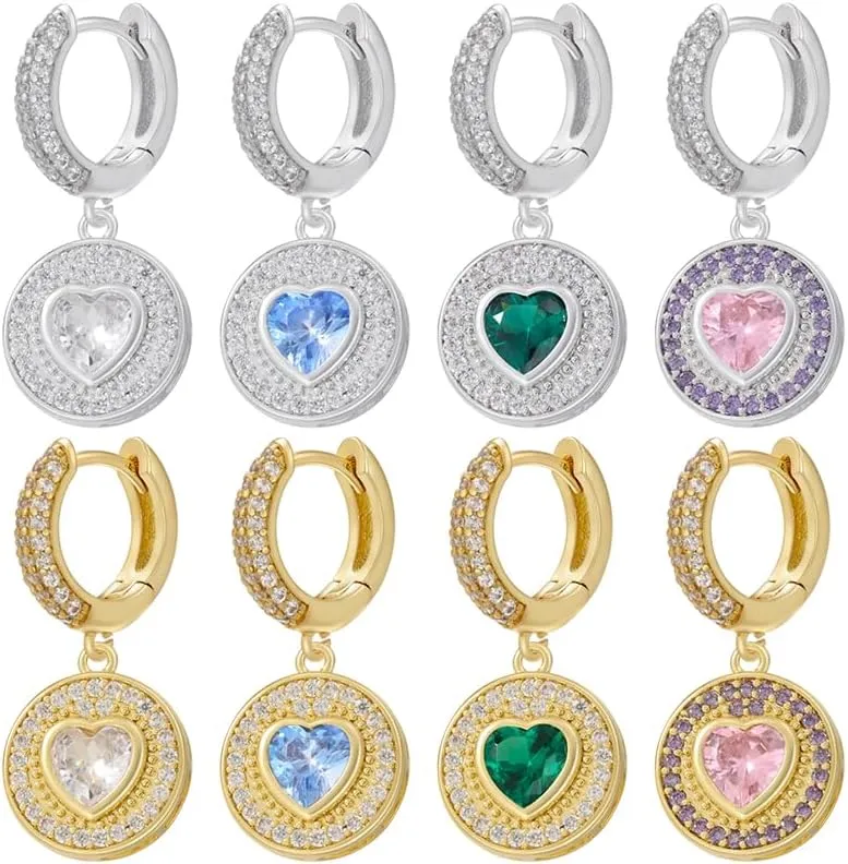 Women's Gold-Plated Huggie Hoop Earrings with Dangling Pave CZ Disc and Heart Stone Charm